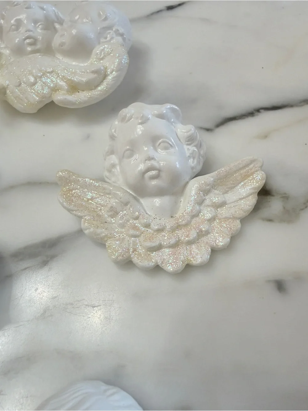 Vintage 80’s Scioto White Ceramic Cherub Plaques with Iridescent Wings Set of 5